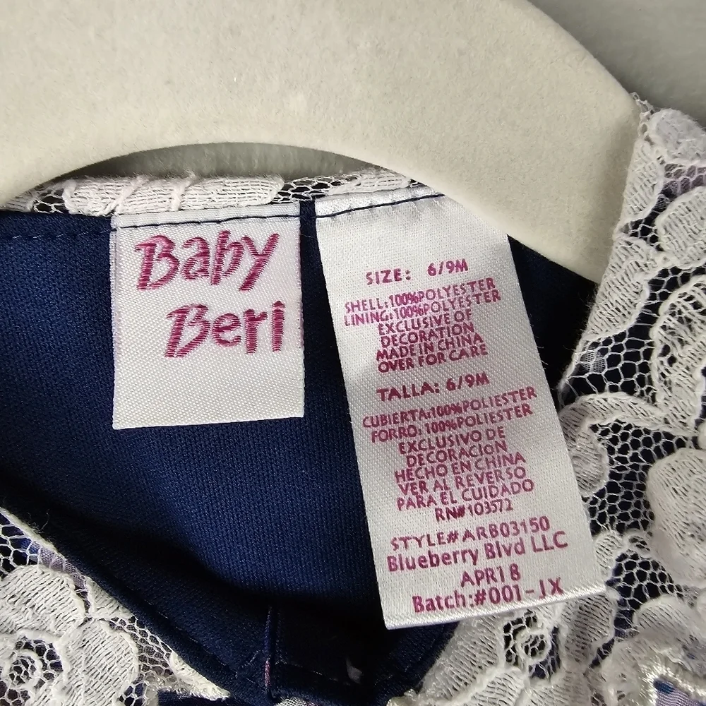 BABY‎ BERI Pleated Whimsical Dress Lace Collar Butterfly Navy Baby Girls 6-9 M